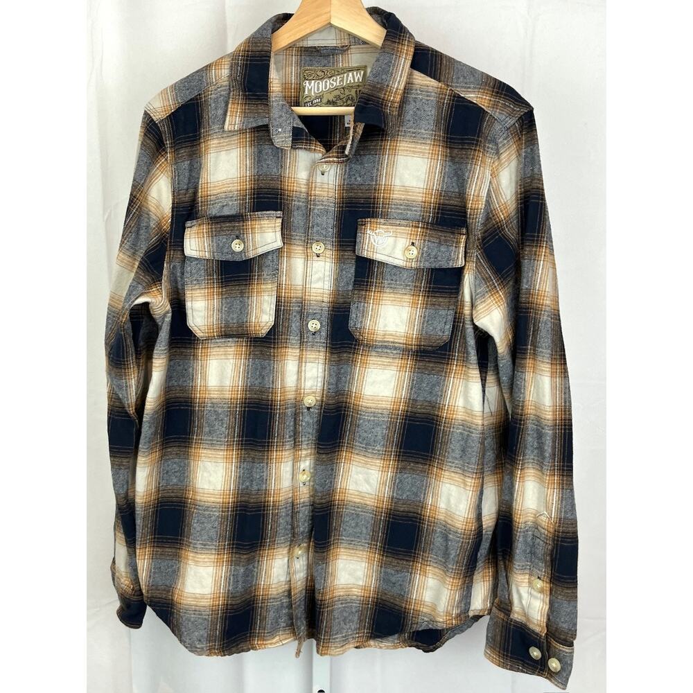 MOOSEJAW  Size M Plaid Button Down Shirt Organic Cotton Flannel Blue Tan